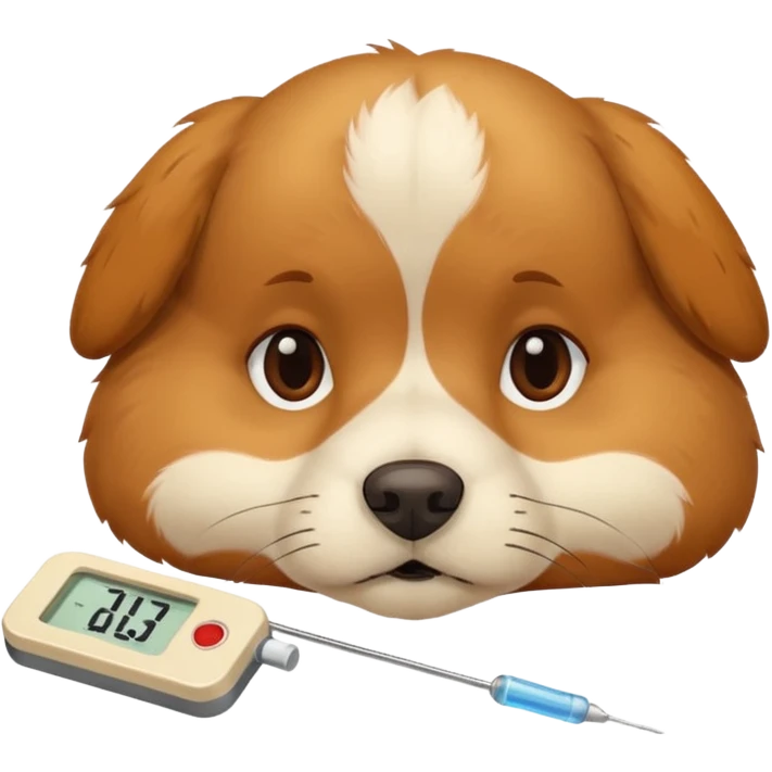 A sick dog lying down with a thermometer beside it, indicating a fever.
Cute but gentle style, warm colors, conveying concern and care. emoji