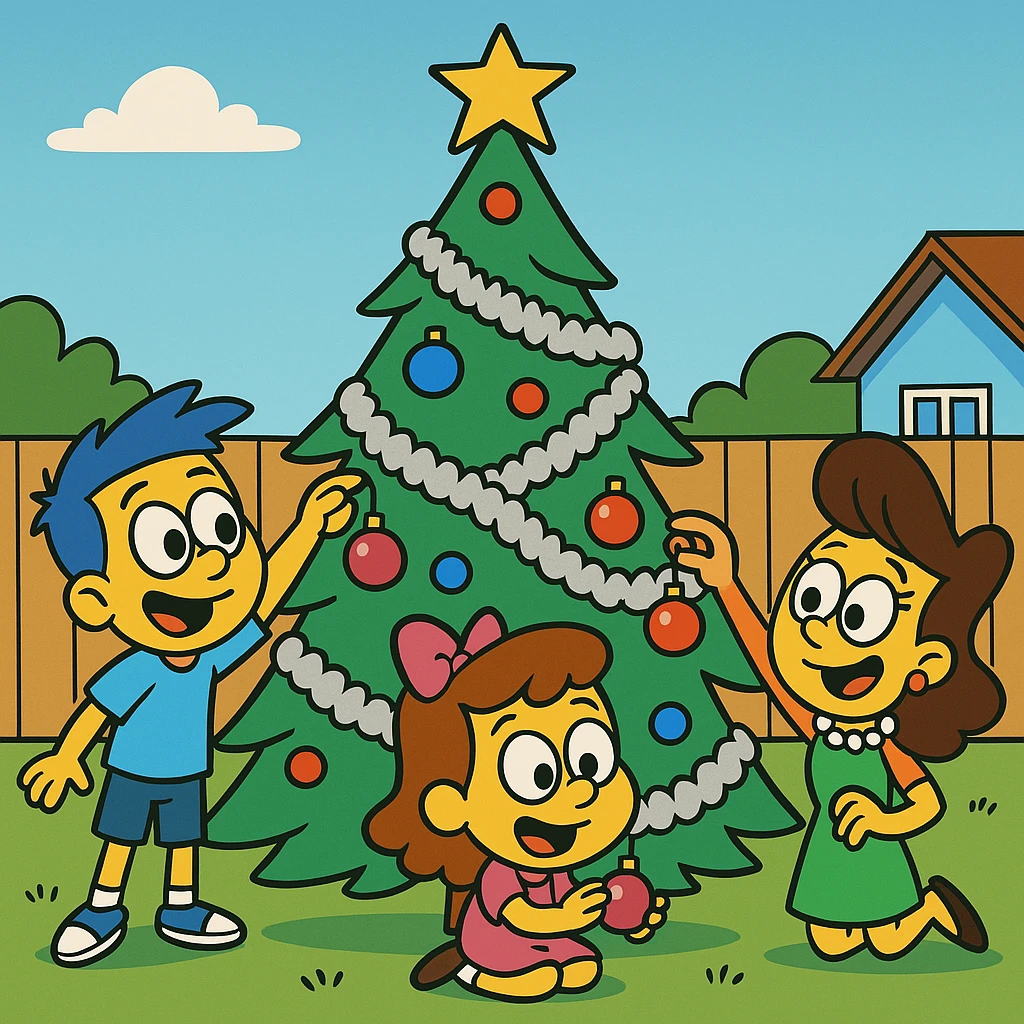 The children covered the tree in tinsel and ornaments. emoji