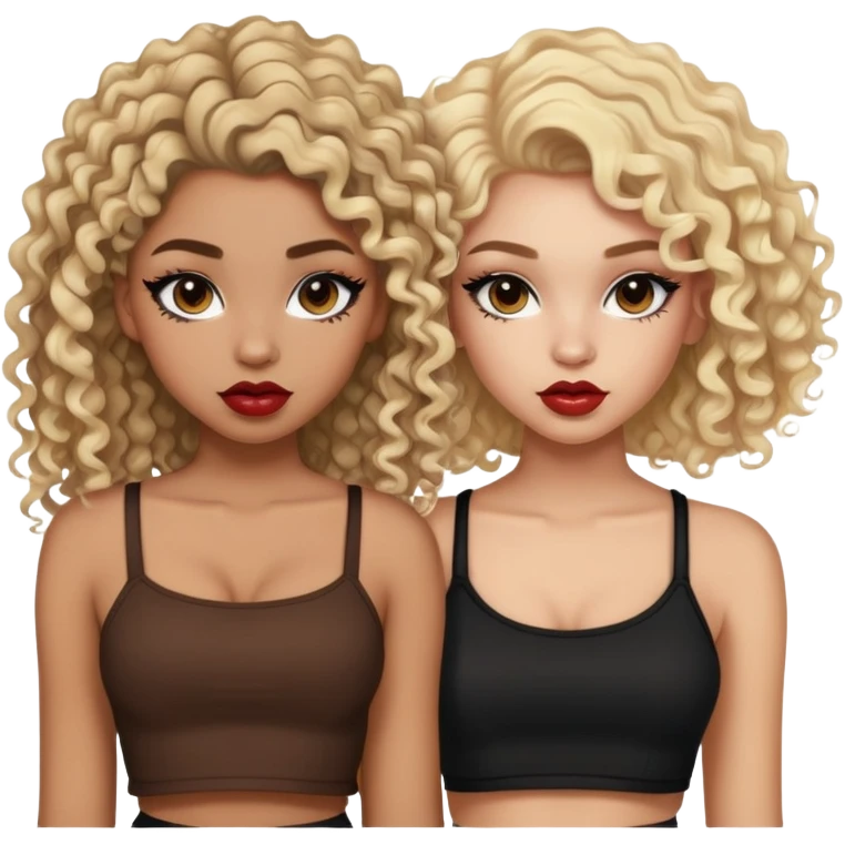 Two teenage girls together, one white with blonde hair and one brown-skinned with curly dark hair, both with heavy makeup, big lips, crop tops and choni style clothing emoji