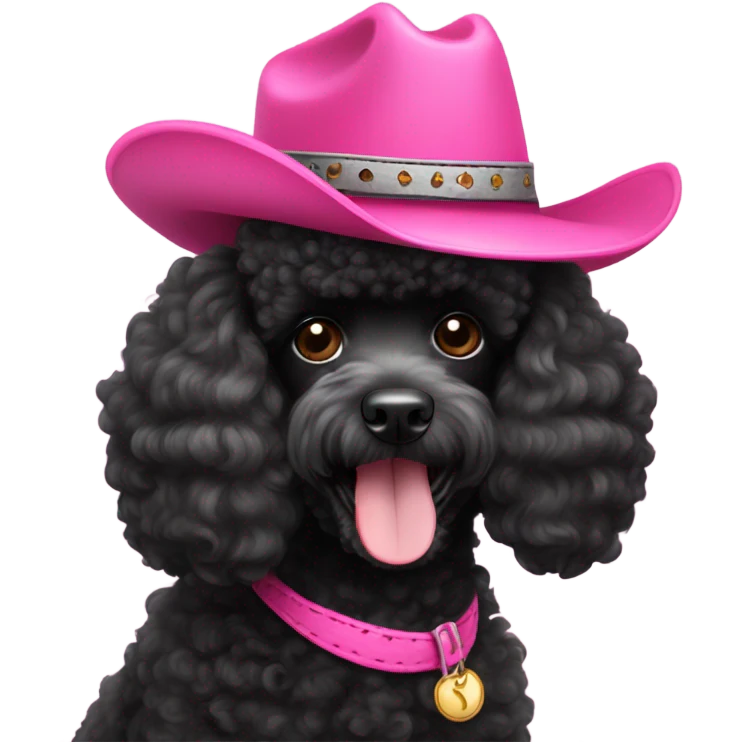 Black mini poodle with pink cowboy hat emoji