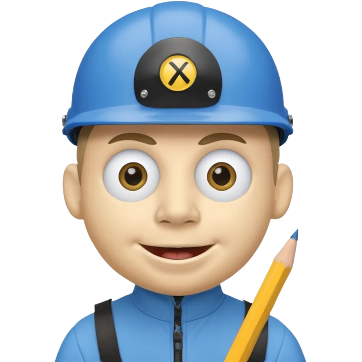 A round head puppet with 2 buck teeth a blue bike helmet and a round nose with a pencil in it also he has a unibrow and blue eyes and a yellow shirt that says jeffy emoji