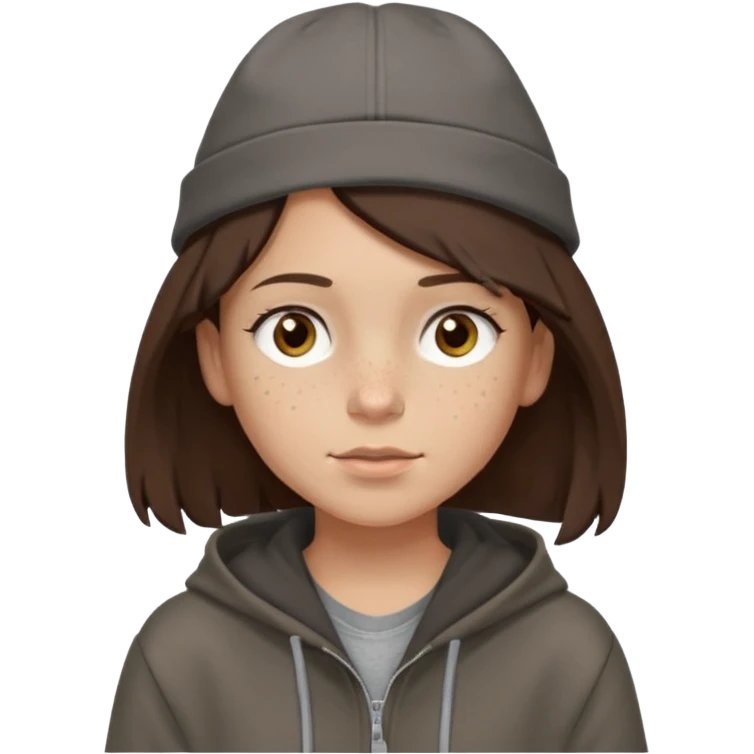 Hobo tomboy with light skin, freckles, shoulder-length center-parted dark brown hair. brown eyes, dark dull brown hoodie, grey shirt. Flat crown bolero hat emoji