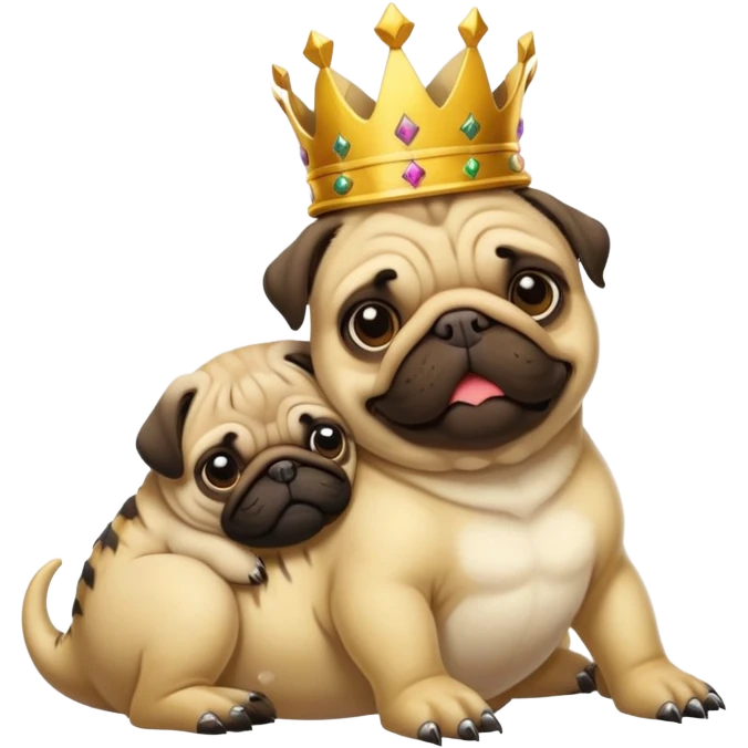 Tyrannosaurus rex wearing a crown and cuddling with a pug emoji