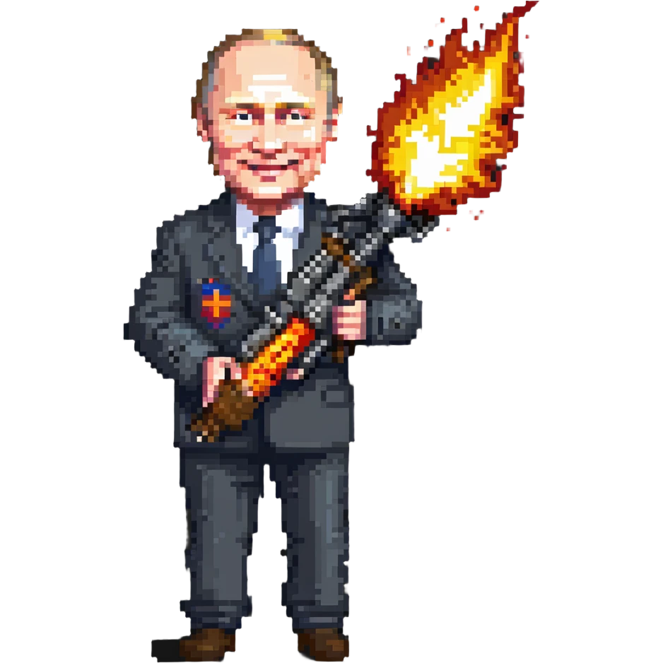 Vladimir Putin smiles and holds a flamethrower emoji