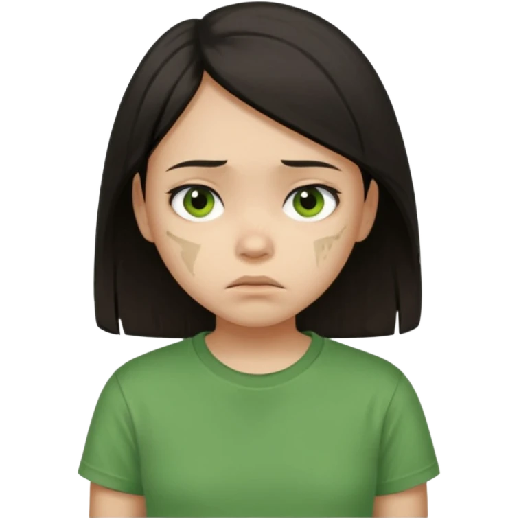 Young girl with straight, dark hair, damaged and unattractive, wearing a green T-shirt, looking sad emoji