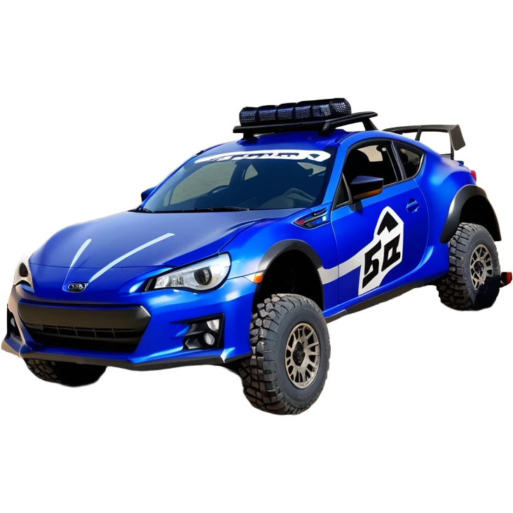 Rally race car Widened Long wheelbase widened pearly midnight satin dark blue  2025 Subaru brz off-road racer chrome nerf bars,side steps mounted under-door-sill climbing rock sliders, and matte silver wheels  emoji