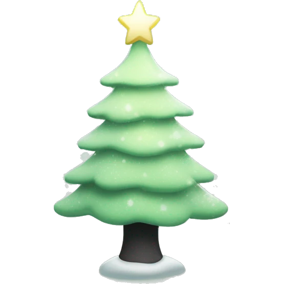 A light green Christmas tree with white twinkling lights and a white frosted snow with a black star and little pastel presence underneath ￼ emoji