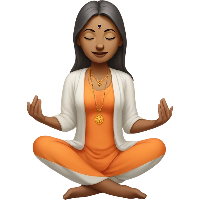 Indian female yogi with meditative expression.  sitting in a lotus position. She wears a sleeveless pastel-colored shirt paired with a flowing orange robe, symbolizing traditional yogic attire. A small red bindi adorns her forehead emoji