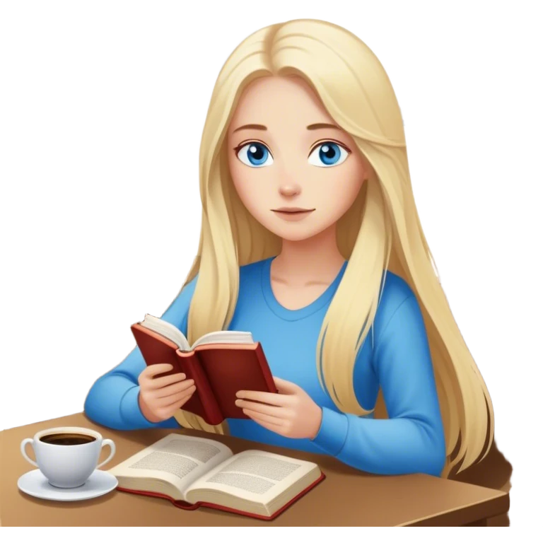 Cinematic realistic blonde with long hair and blue eyes, sitting reading a book, coffee is on the table next to her emoji