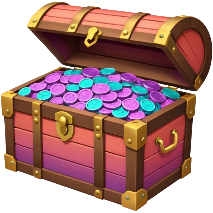 wooden brown treasure chest filled with  coins 
Change coins color in in gradient of turquoise, blue, pink, purple, and coral emoji