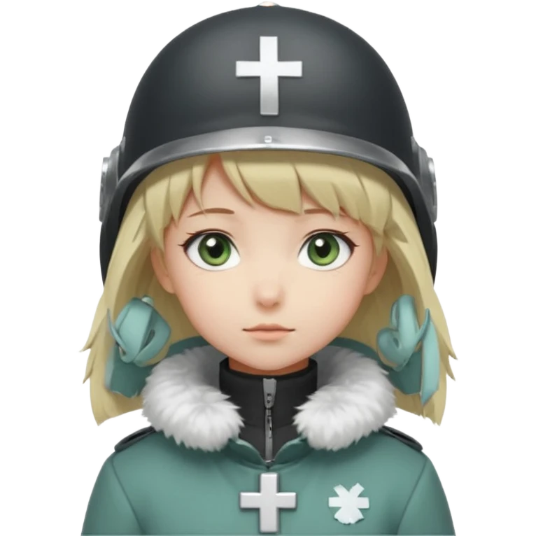a cute anime girl with short blonde hair and soft bangs, large light blue eyes, and a gentle, calm expression. She is wearing a dark gray helmet with a small cross symbol on the front and a green coat with a fluffy white fur collar. Minimalistic, soft, and innocent character design. emoji