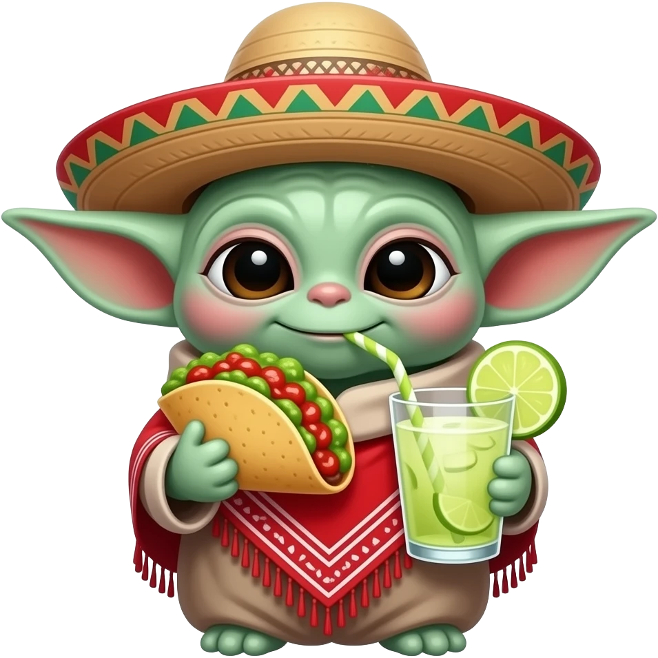 animated baby yoda eating tacos and guacamole,wearing a pancho and sombrero drinking a margarita emoji