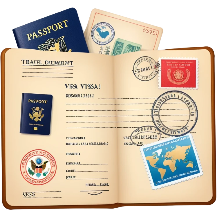 Travel visa document with stamps and passport emoji