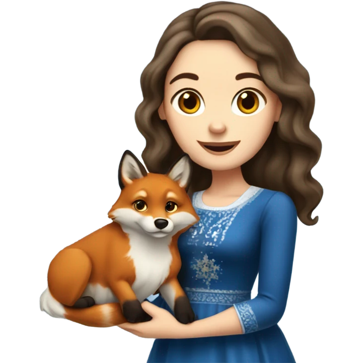 White girl in a dress for Hanukkah with long wavier dark brown hair holding latkes with her red fox looking dog  emoji