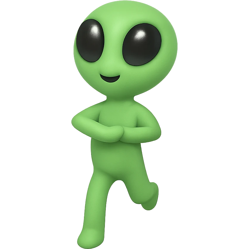 Create a neon green alien dancing, almost identical to the reference image, with minimal changes in the positions of arms and legs, looking straight ahead. This is frame 17 of the animation. PNG with transparent background. emoji