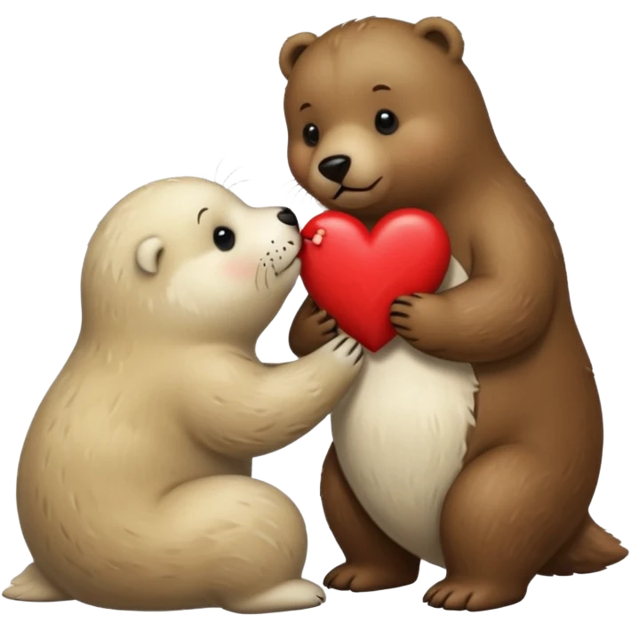 tiny white seal kissing a big brown bear with a heart between them emoji