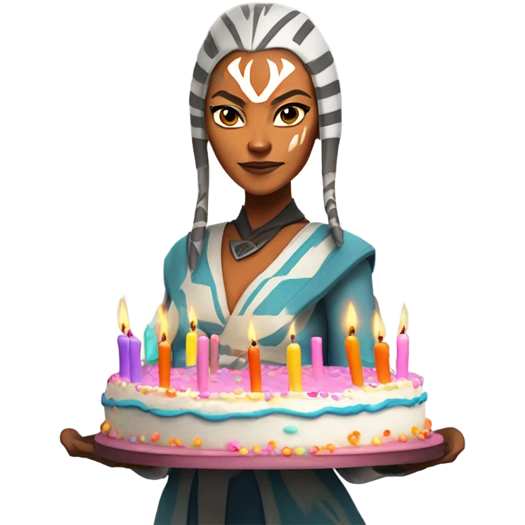 Ahsoka Tano holding a birthday cake with candles emoji