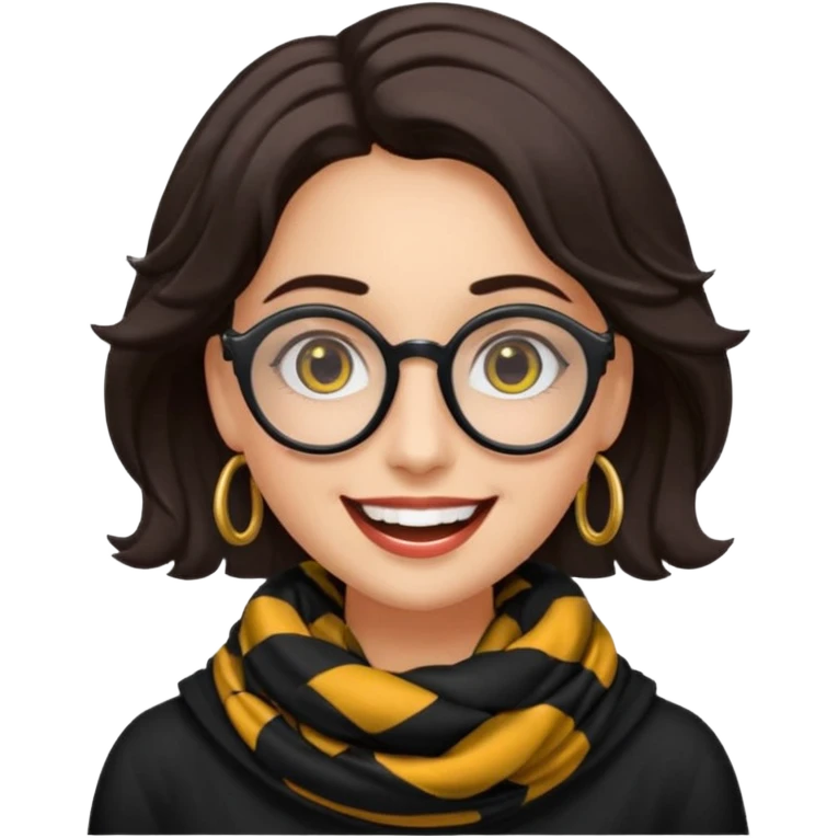Emoji estilo WhatsApp de una mujer sonriente con rostro ovalado, piel semi oscura, ojos grandes y oscuros, cejas gruesas arqueadas, gafas grandes redondeadas, rizos voluminosos negros, bufanda colorida y expresión tierna. Colores limpios, contornos suaves y fondo transparente. emoji
