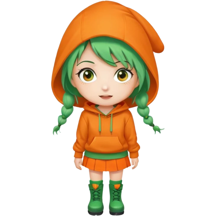 cute green-haired girl with orange eyes, wearing an orange hoodie, green skirt, orange knee socks, and green boots, with a small carrot accessory on her head, big expressive eyes, simple emoji face, round head, clean vector style emoji