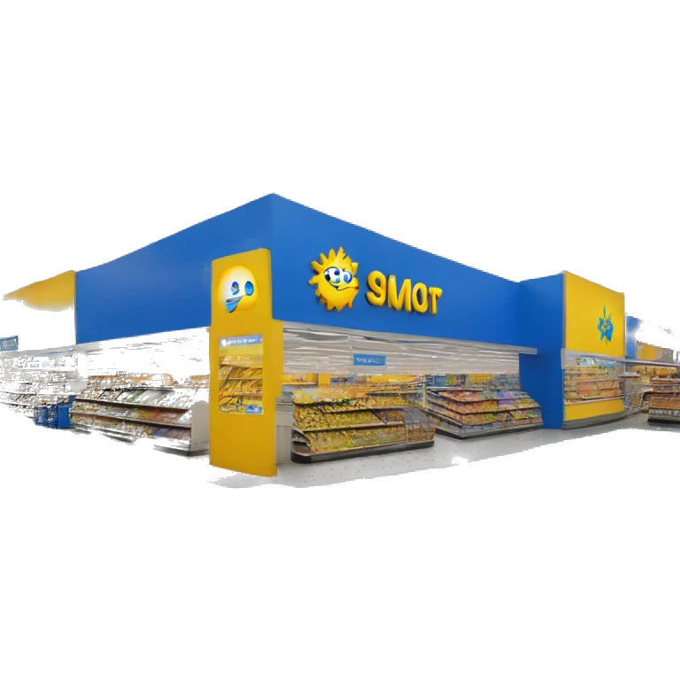 “Walmart store with a simple, recognizable design, featuring the iconic sunburst logo, blue and yellow color scheme, and storefront details that convey a large retail environment.” emoji