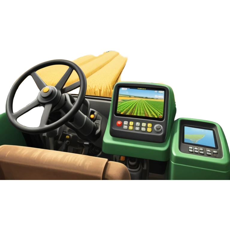 a view from the tractor cabin, with the dashboard in focus, overlooking a vibrant rural landscape. Inspired by Farming Simulator 22, the scene includes fields, crops, and distant barns under a bright sky. The design highlights the immersive experience of farm management. transparent background emoji