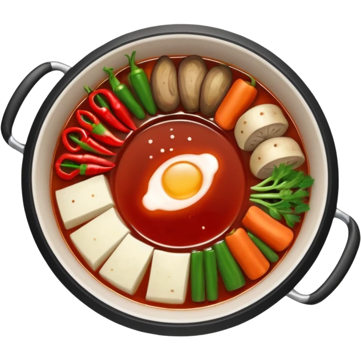 A hot pot emoji in top-down view. The pot is divided into two sections: one with spicy red broth filled with chili peppers, and one with mild white broth. Surround the pot with rolled slices of meat, vegetables, and mushrooms.The meat outside the pot emoji