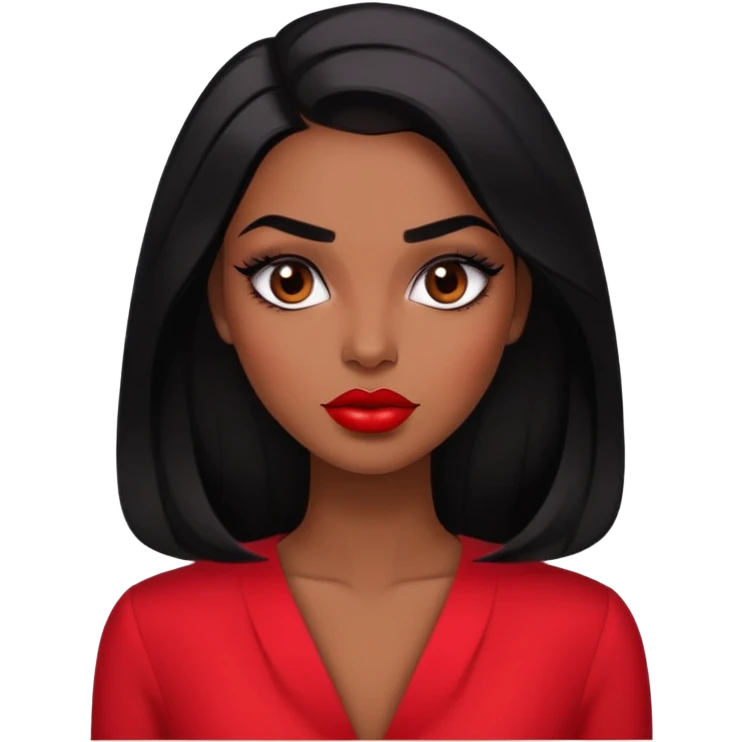 Glamorous woman with deep brown skin, defined features, expressive dark eyes, thick eyebrows, full lips with red lipstick, sleek black hair, wearing a red blouse emoji