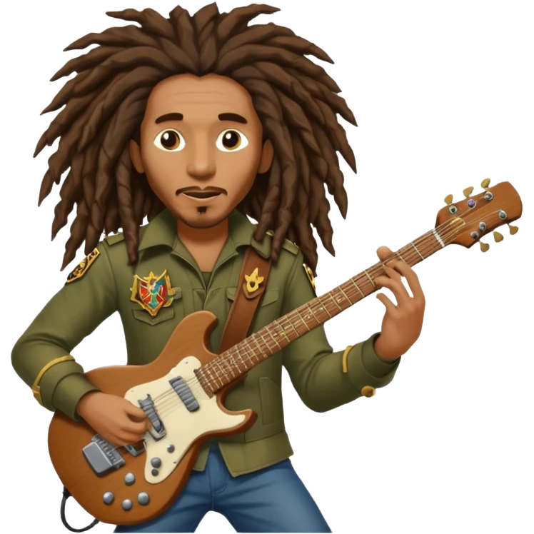 Bob Marley with gigantic dread locks play electric guitar in form heraldic crest emoji