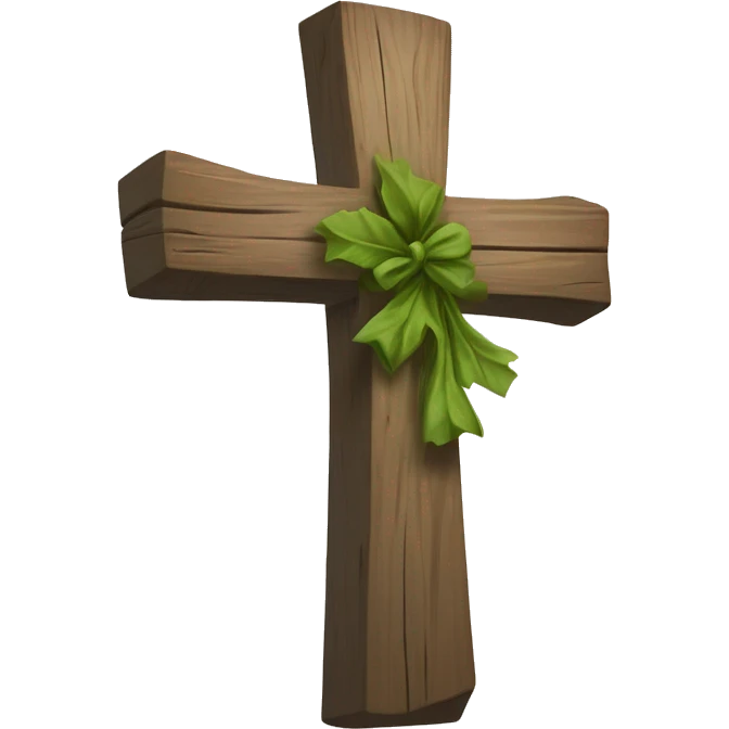 A rustic wooden cross with unevenly draped light-colored cloth, longer on the right side. Behind it, a subtle wreath of green leaves adds depth. The design is simple and symbolic. emoji