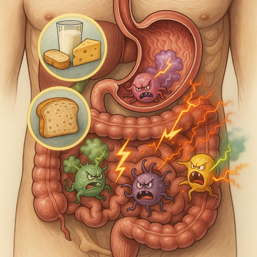 Anatomical section of the human torso focusing on stomach and intestines. Inside the digestive tract, agitated stylized parasites react to foods like dairy, gluten, and sugars (foods highlighted). The parasites emit toxins or inflammatory signals such as colored gas and lightning lines. Medical illustrative style. emoji