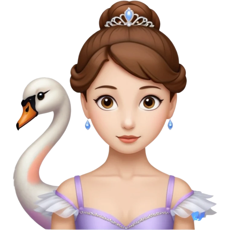 Beautiful lady with fair skin, brown hair, and large hazel eyes. She is wearing a low ballet bun and wearing the ballet costume of The Swan Queen emoji