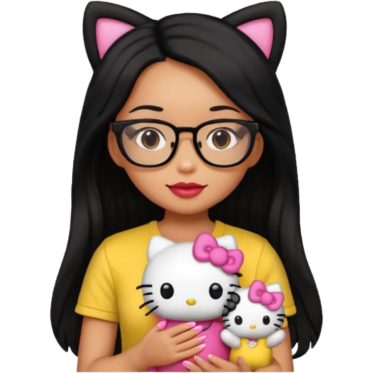 Nails cute with hello kitty wear glasses black long  hair, woman wear yellow shirt , red nails , big hello kitty doll emoji