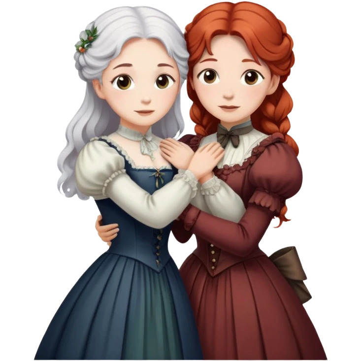 Two modest Victorian women hugging, one with white hair and one with copper red hair, wearing long Victorian dresses emoji