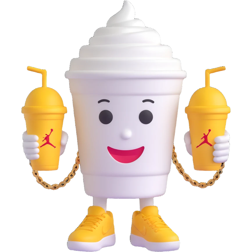 3D cartoon character of a Styrofoam cup of lean (purple drank), with a friendly face, arms, a gold chain, and Jordan sneakers, simple style emoji