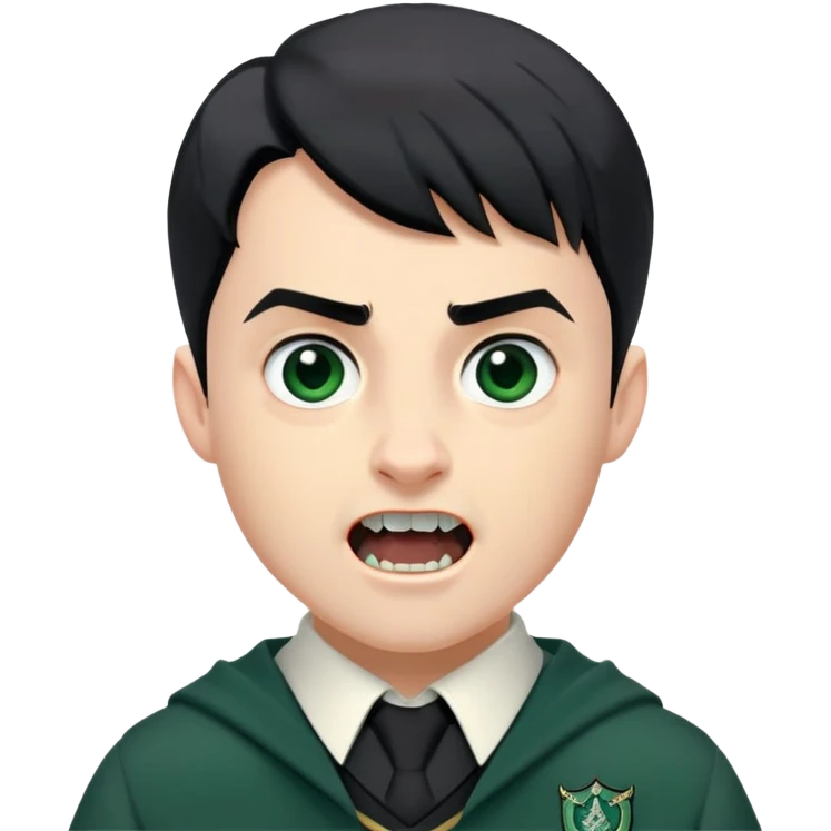 Jamie Yeates is Marcus Flint in harry potter, wear hogwarts slytherin uniform, short black hair, bulky face, often grimacing and showing buck teeth growl menacingly emoji