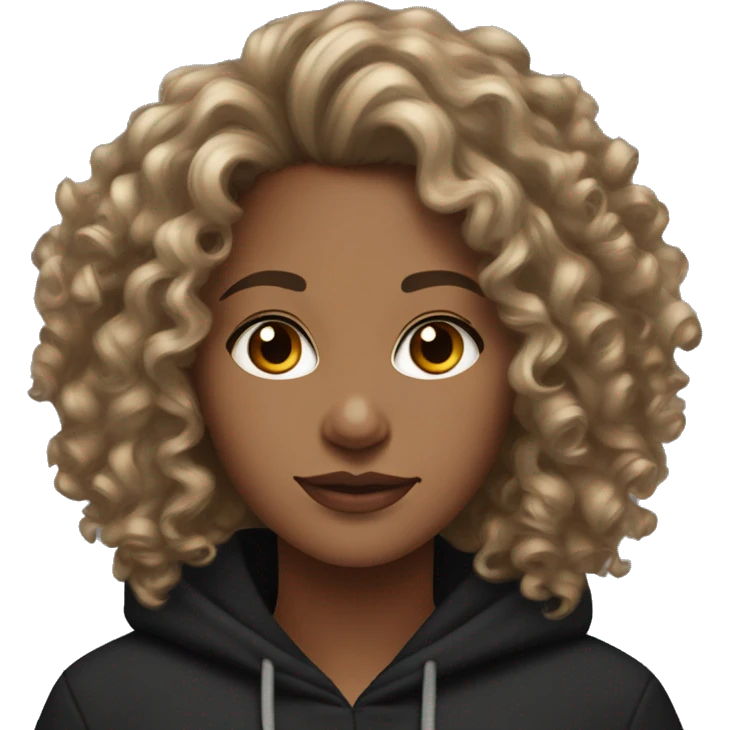Curly haired medium skin tone woman with a black hoodie and hoop earrings  emoji