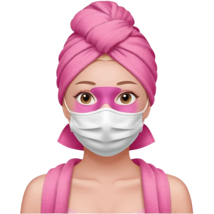 Clean girl influencer character, chest-up portrait, pink head towel, half-face facial mask, minimal self-care look, clean modern illustration emoji