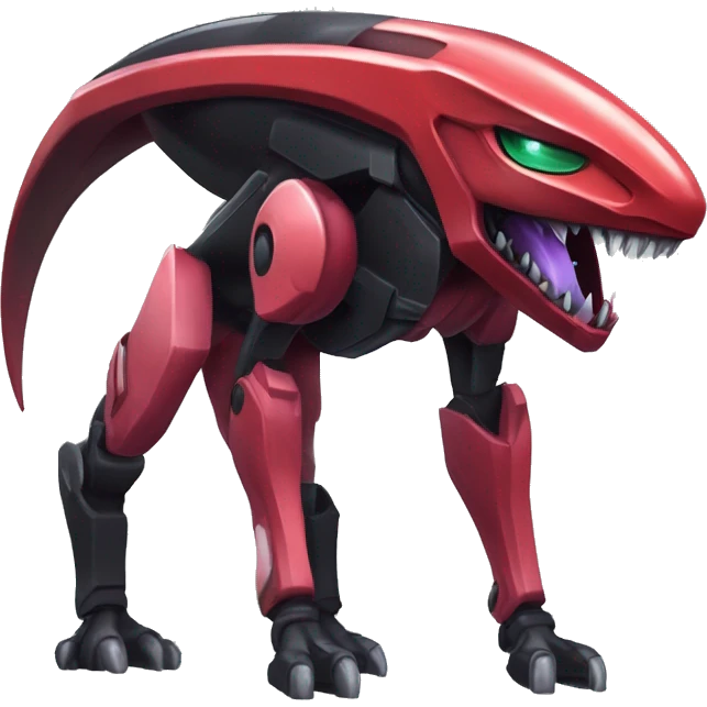 a shiny black-red Genesect-Raptor-Fakémon—hybrid with a futuristic visor-helmet full body emoji