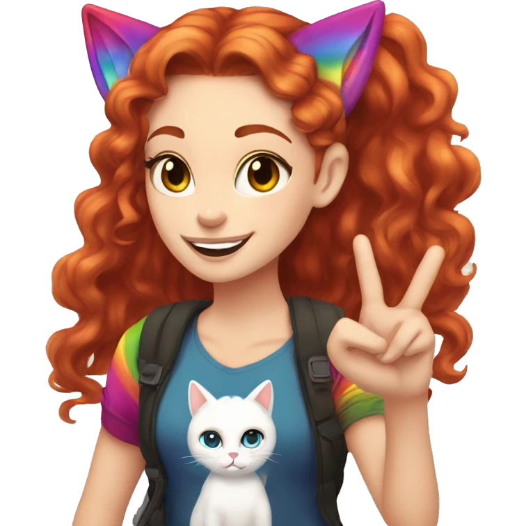 a white girl with long red curly hair in a pony tail with rainbow shirt does peace sign wearing cat ears one black other white emoji