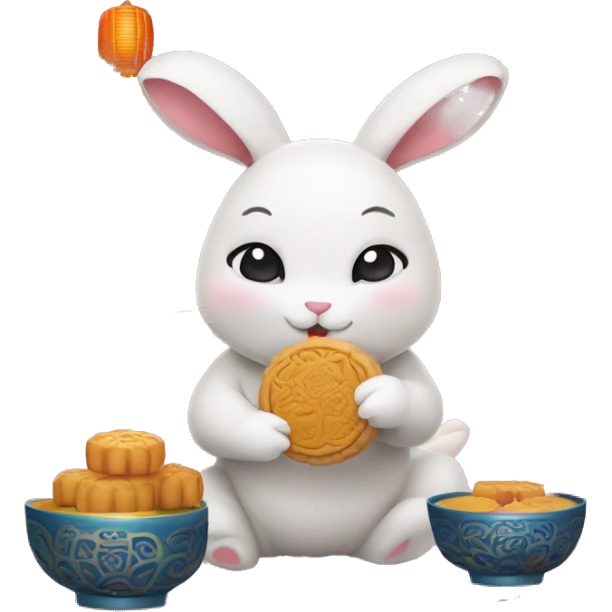 Create a cute Mid-Autumn Festival scene featuring an adorable rabbit eating a mooncake. emoji
