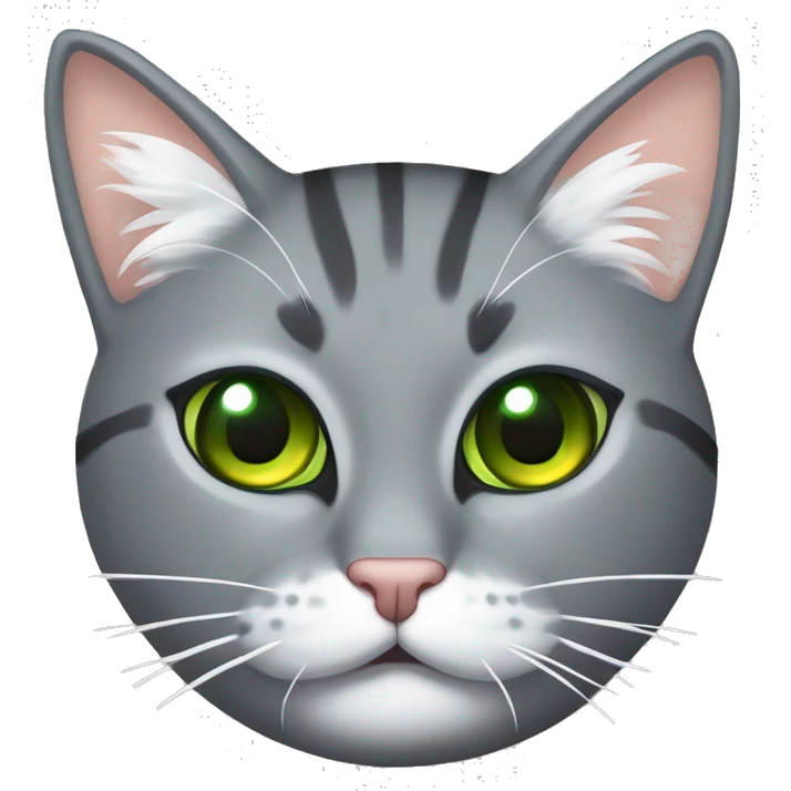 liegende graue Katze, mit grün gelben Augen, Kopf auf ihren forderen Pfötchen, mit gekringeltem Schwanz emoji
