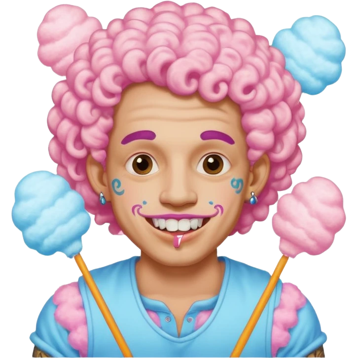 very cheerful colorful puffy curly haired man made out of cotton candy wearing teeth-braces and tattoos and face tattoos just face  emoji