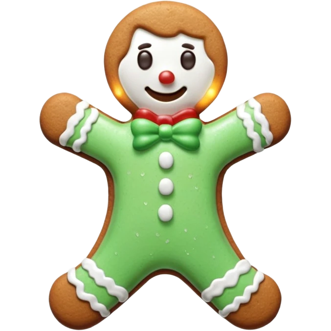 3D render of Gingerbread Man, made entirely of dessert materials, glistening sugar crystal texture, baked brown cookie texture with white icing details, delicious confectionery aesthetic, Apple emoji style, isolated on white background --v 6.0. emoji