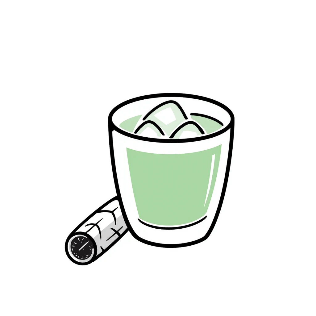 Hand-drawn glass of sugarcane juice with ice cubes, light green liquid, and a piece of sugarcane beside it emoji
