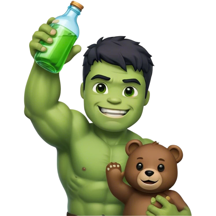 Hulk holding bear bottle hand up and smile hulk hear black  emoji