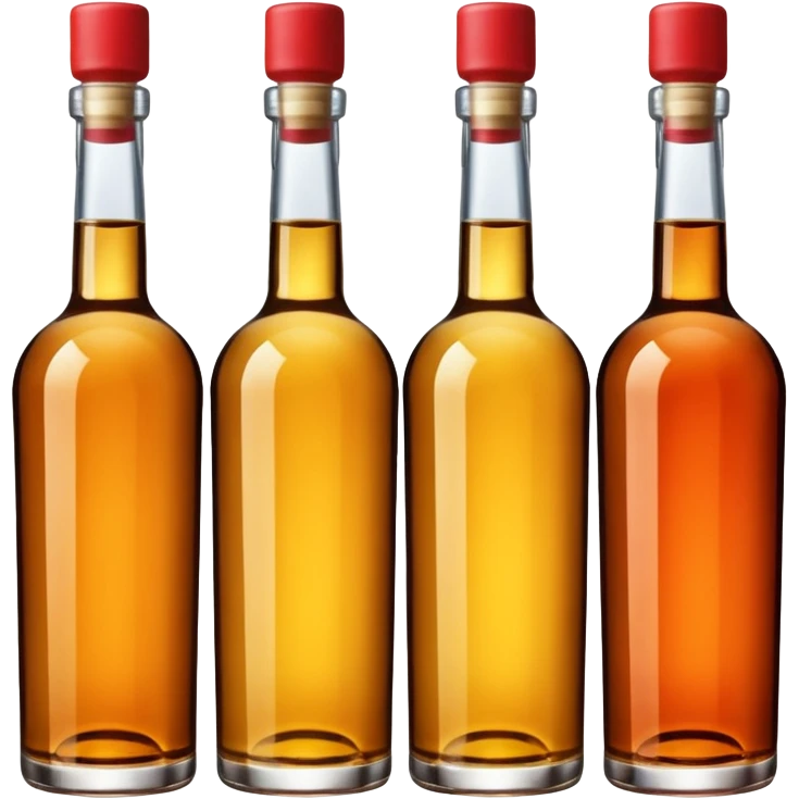 Four bottles of alcohol without labels, each with distinct shapes, arranged neatly in a row. The bottles should vary in color and size, with detailed caps. emoji