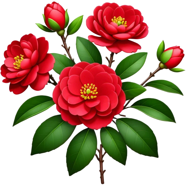 bouquet Red Camellia, luxuriant, stem, leaf, bud emoji