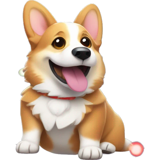 Excited corgi tangled in colorful Christmas lights, wagging its tail happily emoji