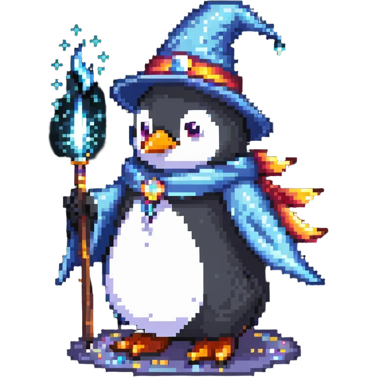 Penguin wizard casting a magic spell, with magical sparkles emoji