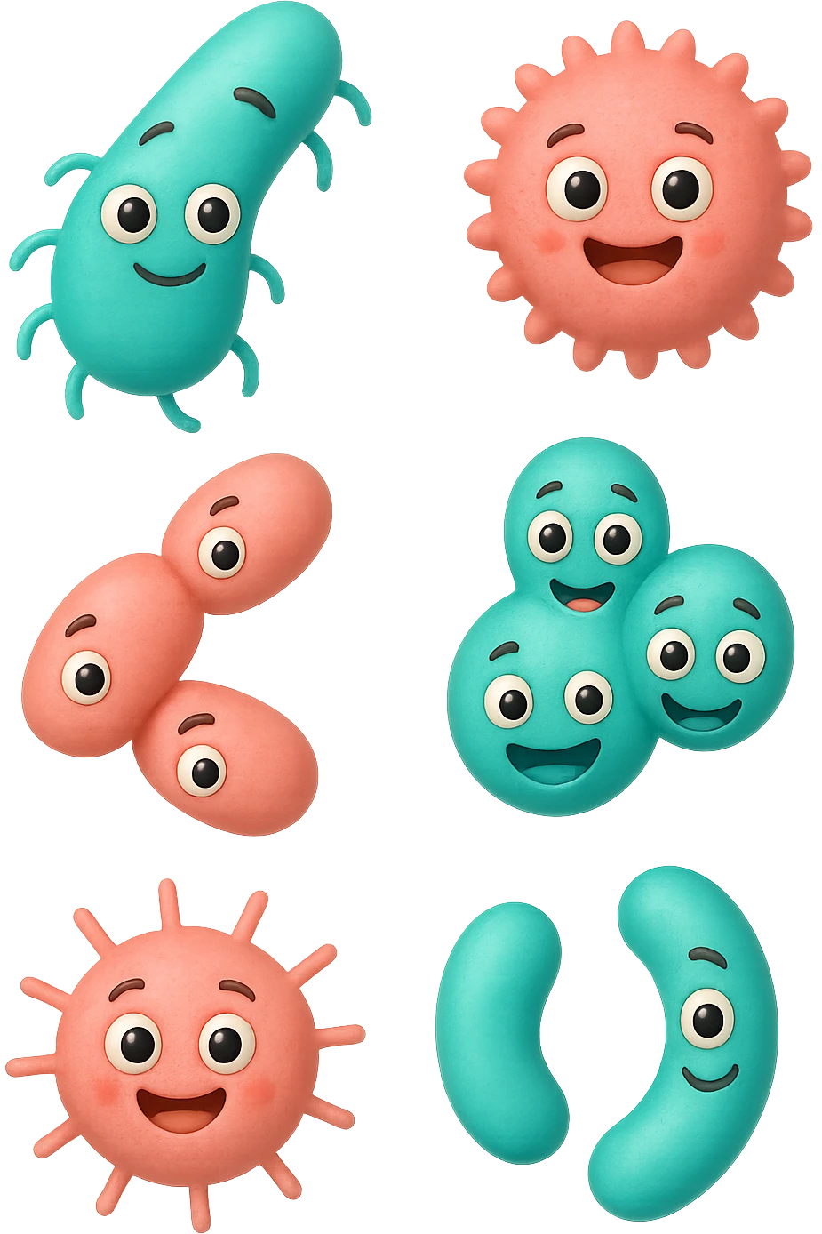 EMOJI STILE IPHONE DI 6 SPECIE DI BATTERI INTESTINALI ROSA SALMONE E TURCHESI DIVERSI TRA LORO PER FORMA, FLUTTUANO IN ARIA, IPERREALISTICO 4K emoji
